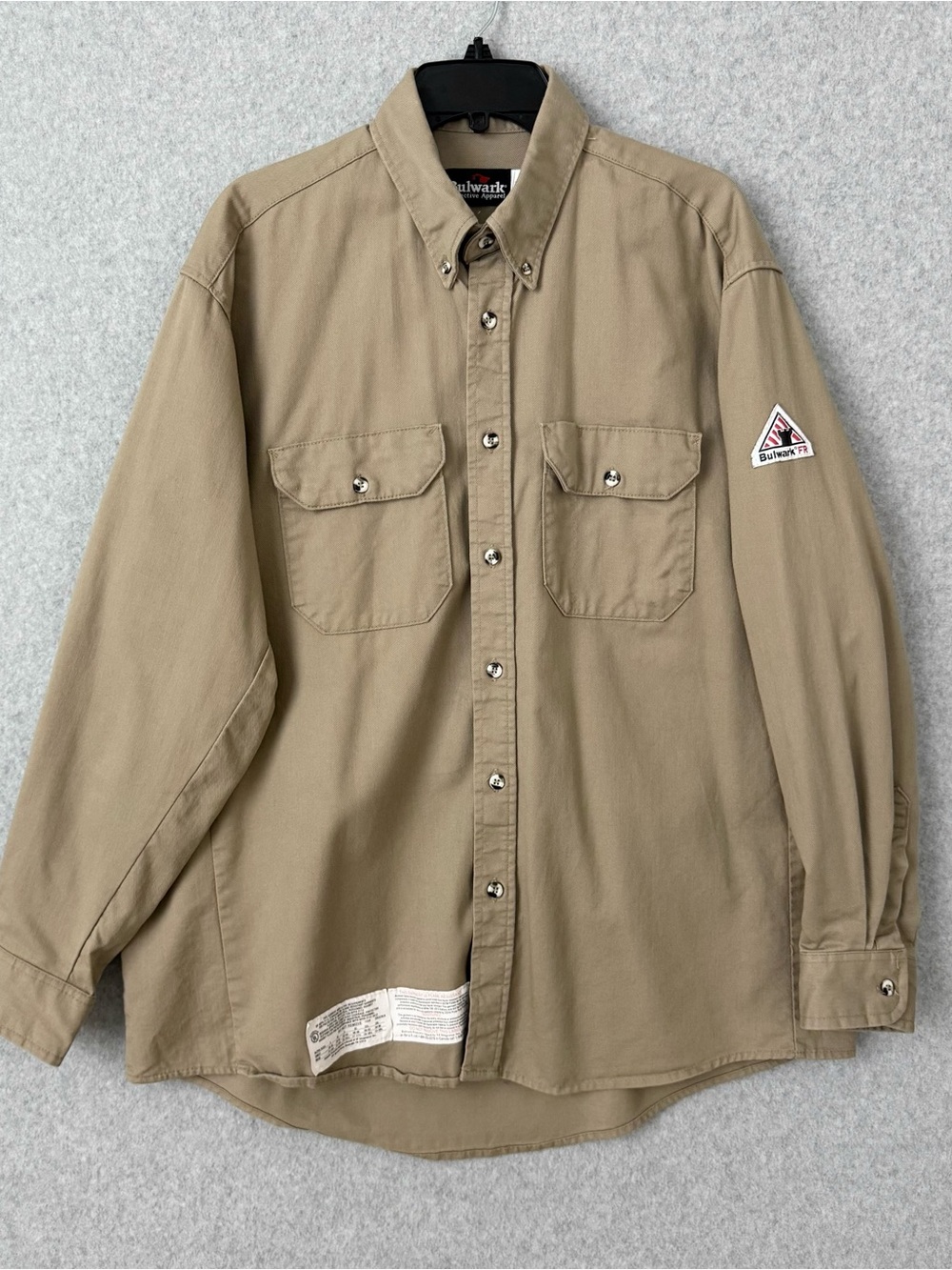 Bulwark FR Shirt Men Large Khaki Button Up Flame Resistant Workwear Uniform READ